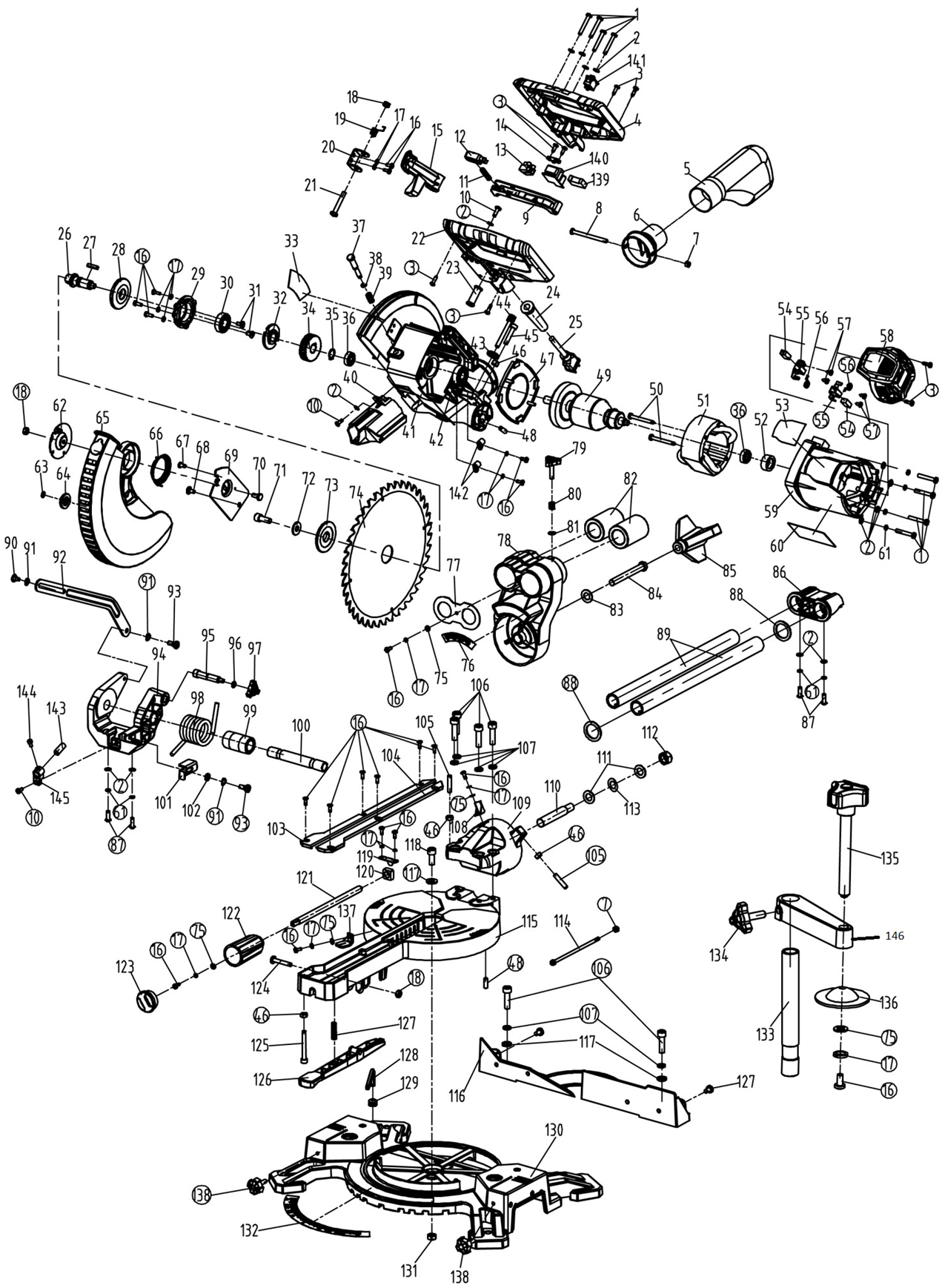 ЗУБР ЗПТ-255-1800 ПЛ пила торцовочная с протяжкой, d 255 х 30 мм, 1800 Вт - посмотреть вариант разборной схемы